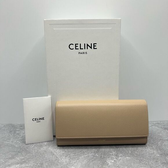 NWT Celine Beige Tan Grained Calfskin Leather Flap Long Wallet With Box - Picture 1 of 15